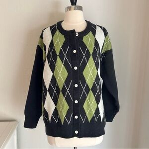 Argyle Chunky Knit Cardigan Sweater Button Front Black Green Ivory, Preppy, LG